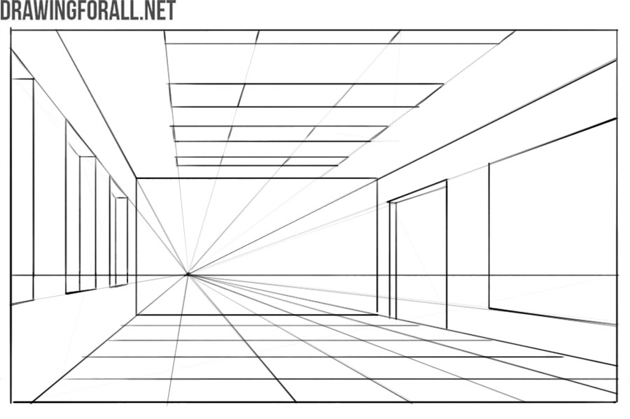 Interior constructed in one-point perspective with lines converging on the horizon.