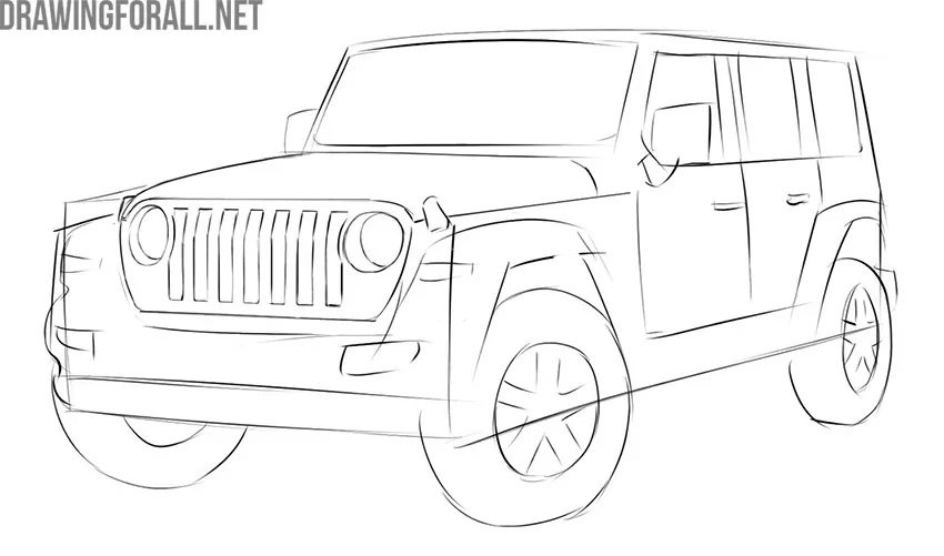 Refining the Jeep hood, front fender, bumper, and headlight contours.