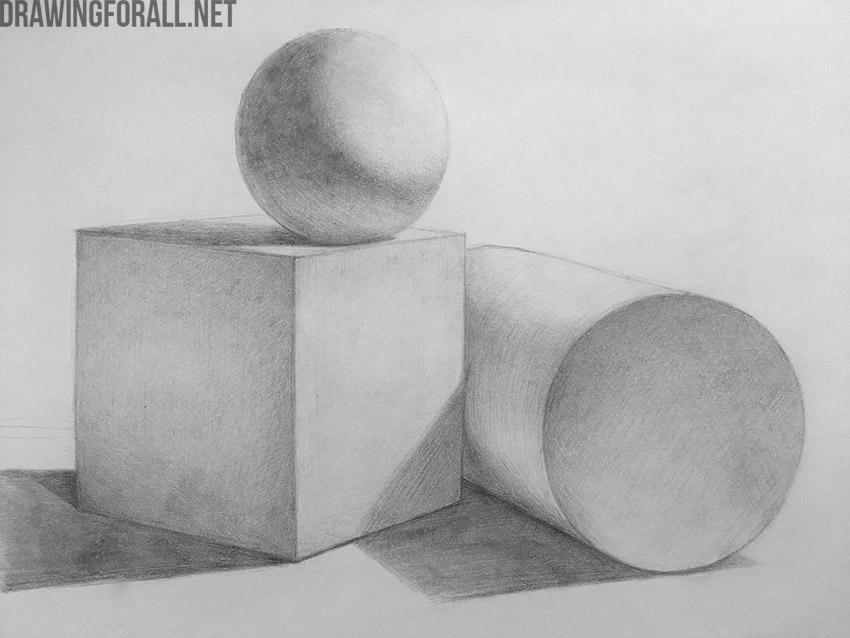 Sphere, cube, and cylinder showing different light, shadow, and tonal transitions.