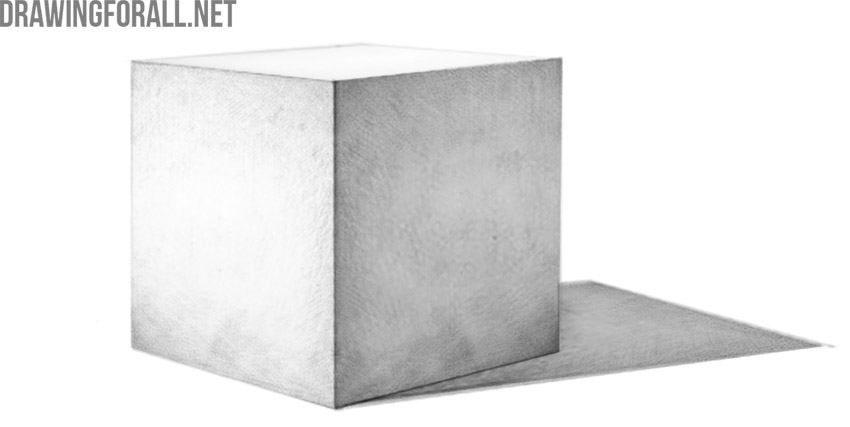 Cube showing different tonal values on illuminated and shadowed planes.