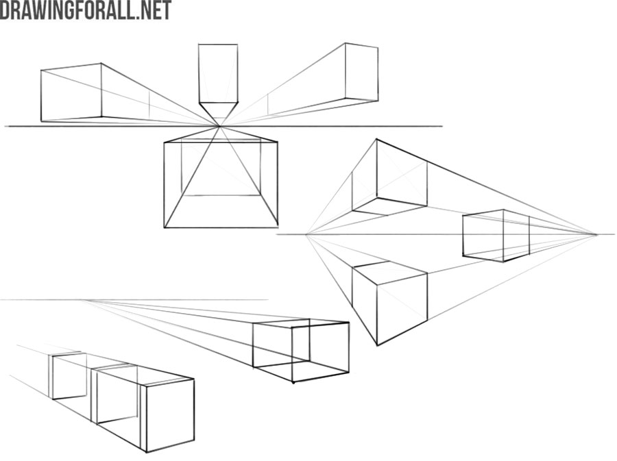 Linear perspective showing objects decreasing in size toward vanishing points.