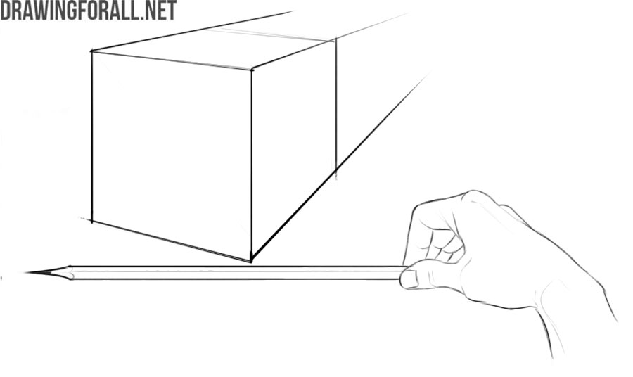 Artist measuring the angle of receding lines with a pencil at arm's length.