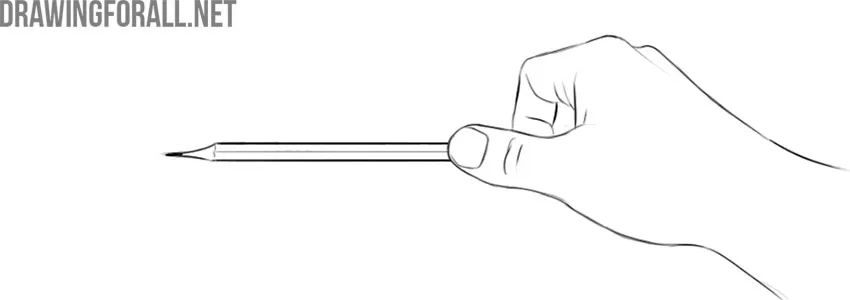 Hand holding a pencil horizontally for measuring proportions in drawing.