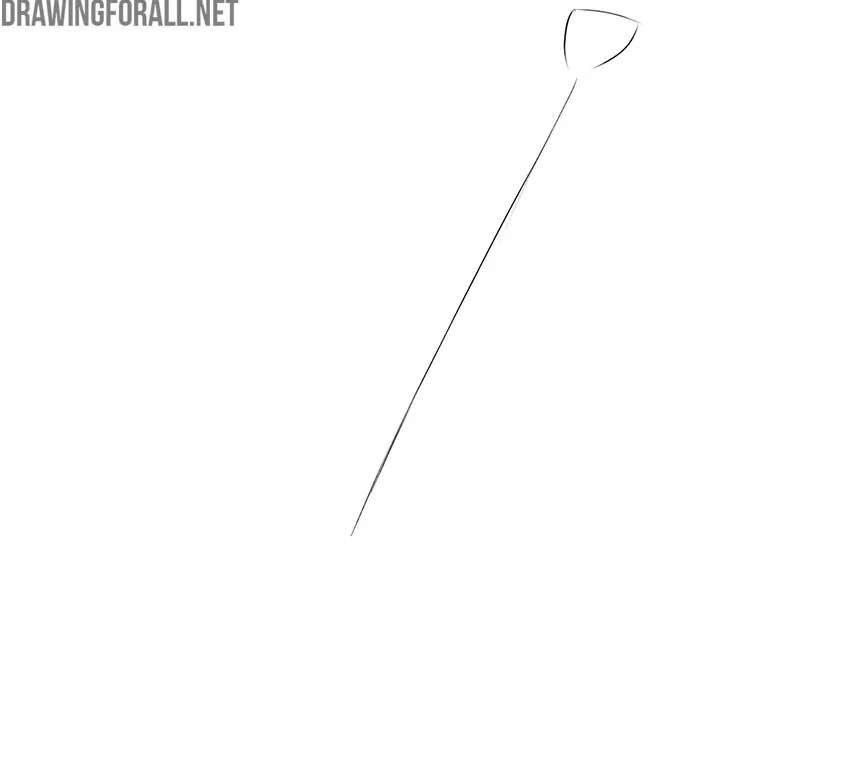 Sketching the pitchfork shaft and upper handle with light straight lines.