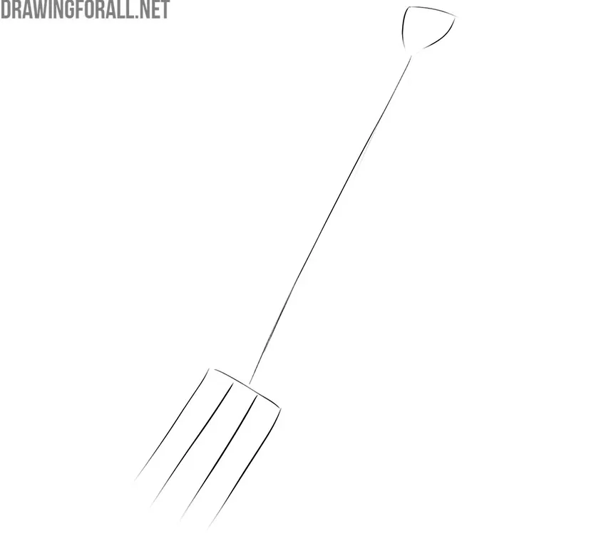 Sketching the pitchfork metal section and four tines with light lines.