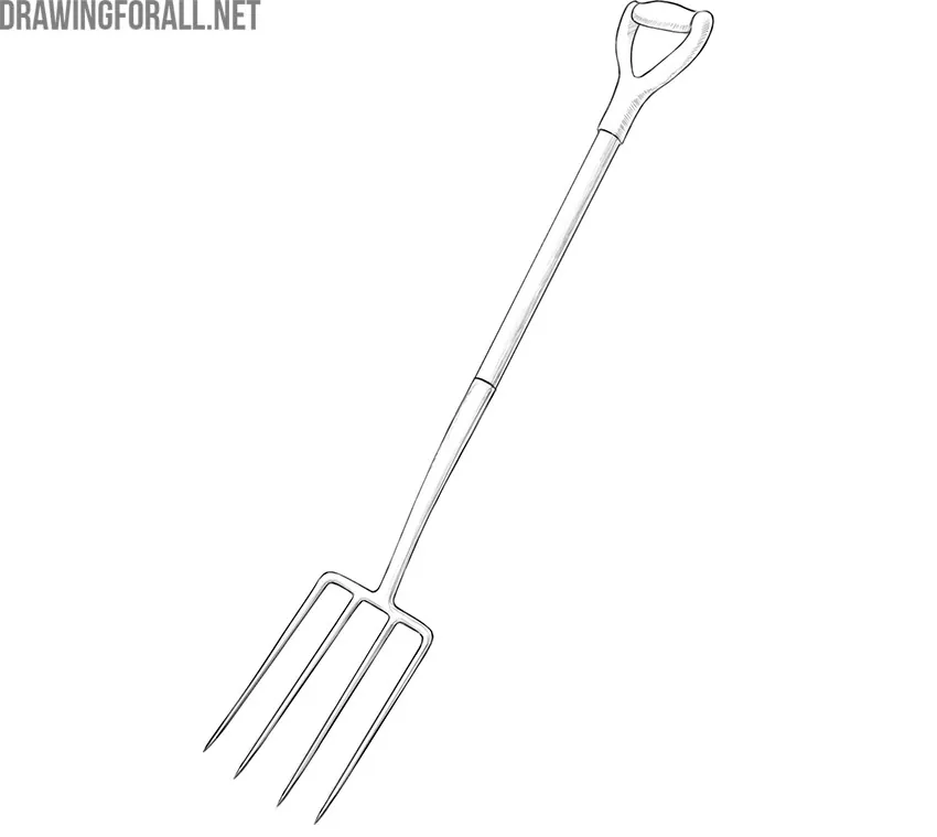 Completed pitchfork drawing with a long wooden handle, four tines, and light shading.