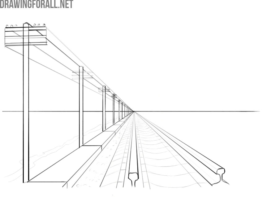 Railway tracks and poles receding toward a vanishing point on the horizon.