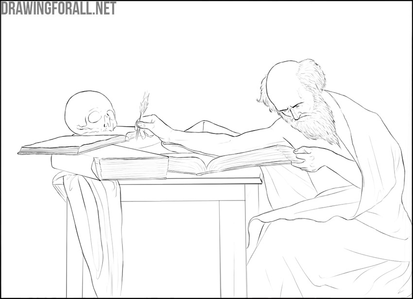 Composition drawing of a seated bearded man writing beside books and a skull.