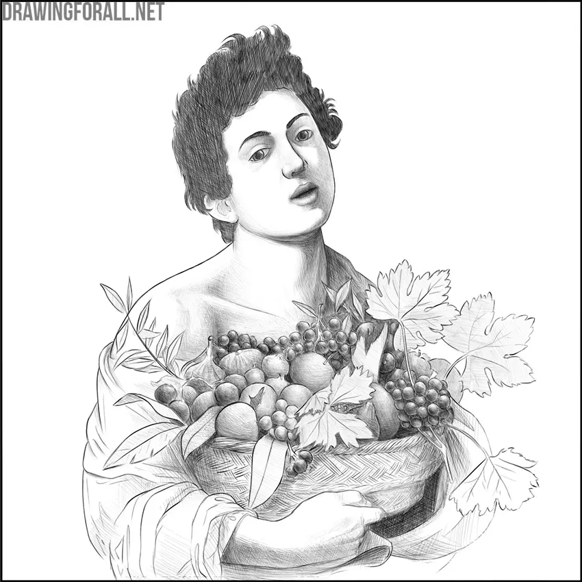 Compositional pencil drawing of a young man holding a basket of fruit and grape leaves.