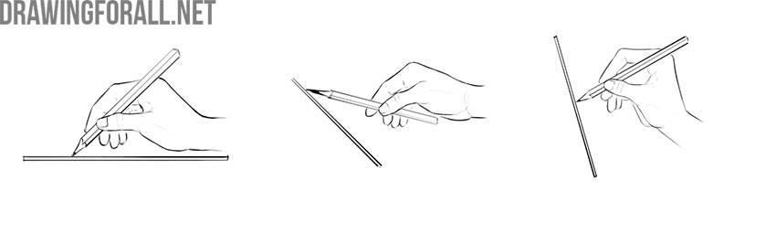 Three pencil-holding positions shown while drawing on horizontal, angled, and vertical surfaces.