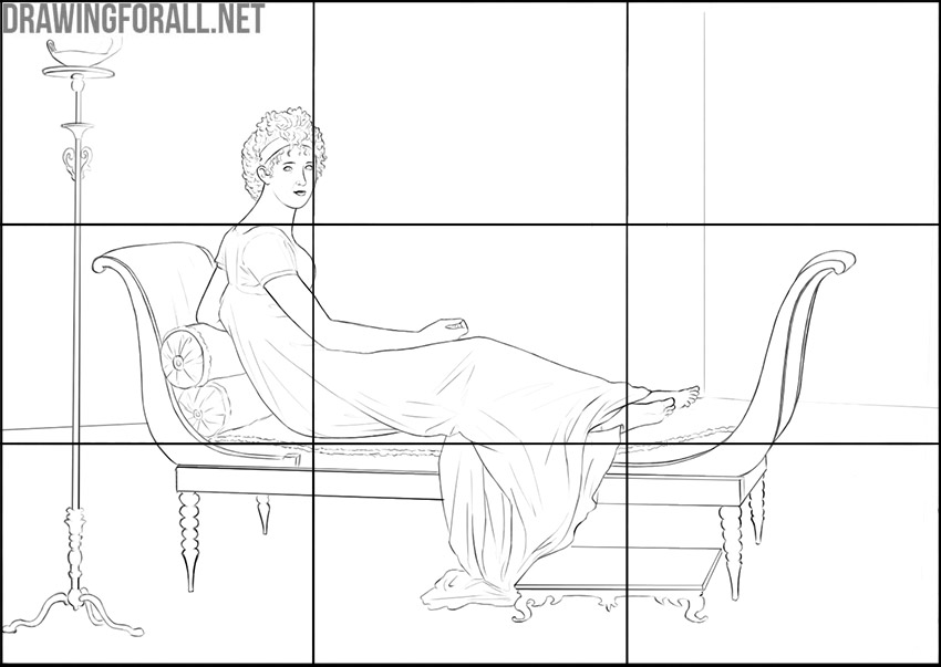 Rule of thirds grid over a composition with a reclining woman, couch, and lamp.