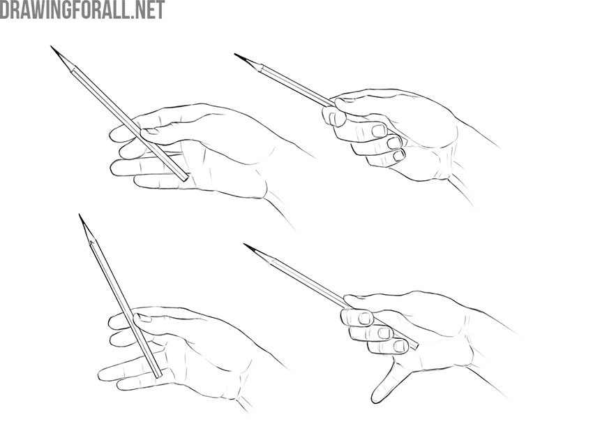 Four different ways to hold a pencil loosely between the fingers for drawing.