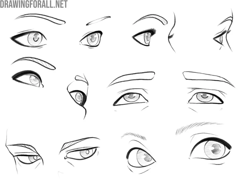 Anime eyes drawn in different styles, moods, and angles