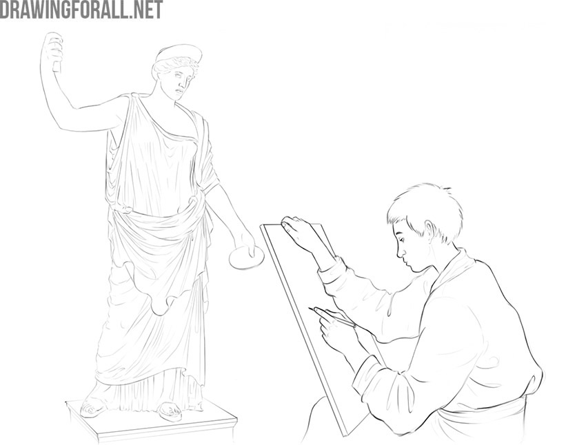 Pencil drawing of an artist seated at an easel and sketching a reclining model.