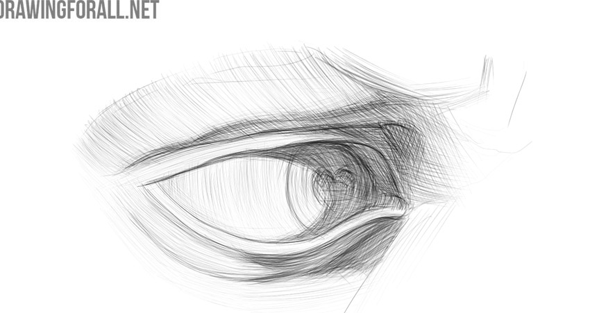 Eye drawing with curved hatching following the surrounding forms.