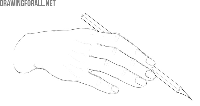 Drawing of a hand holding a pencil in a relaxed drawing grip.