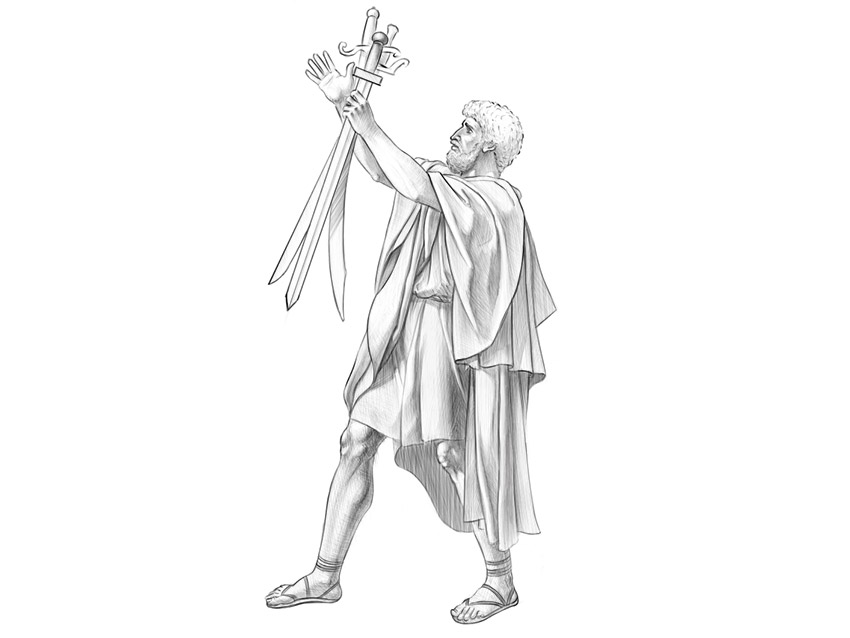 Pencil drawing of a robed man holding several swords, shaded with hatching.
