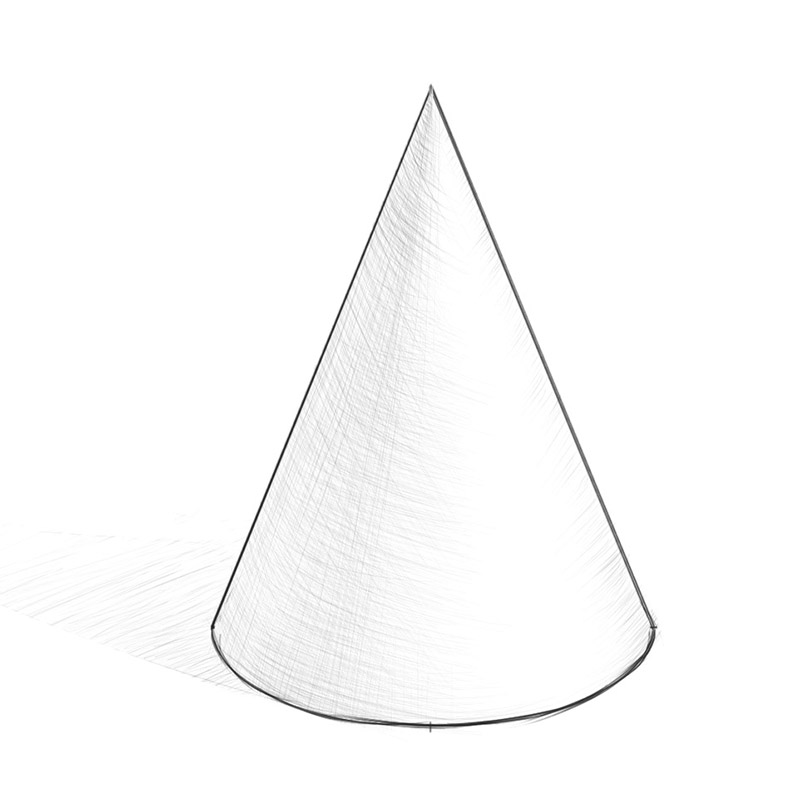Illustration of a step-by-step process of drawing a cone