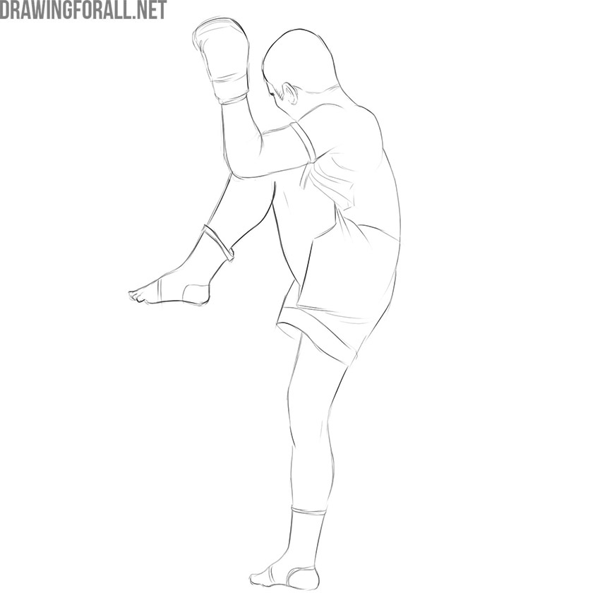 Figure in a blocking position with one leg raised.