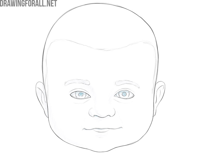 Refining the baby’s face with clean outlines and light shading
