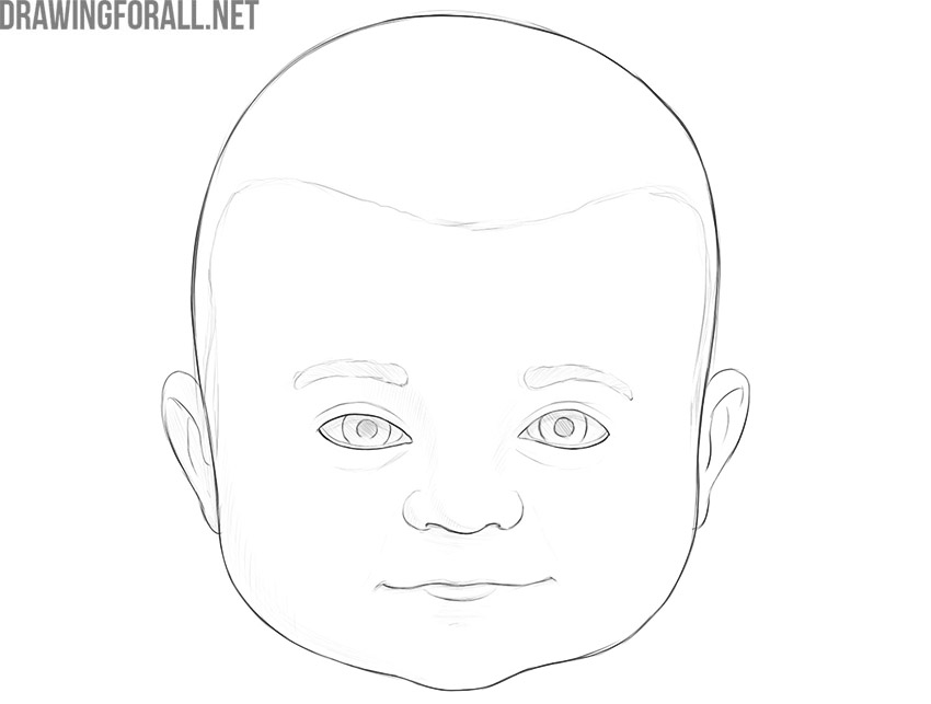Finished baby face drawing with large eyes, rounded cheeks, and soft shading