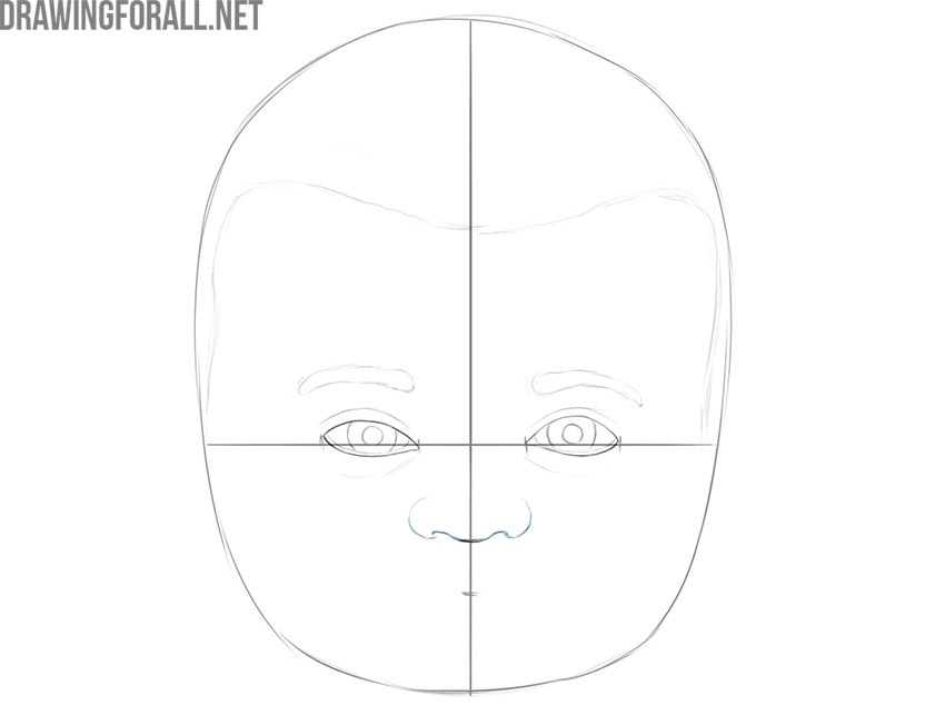 Drawing the baby’s small rounded nose with simple lines