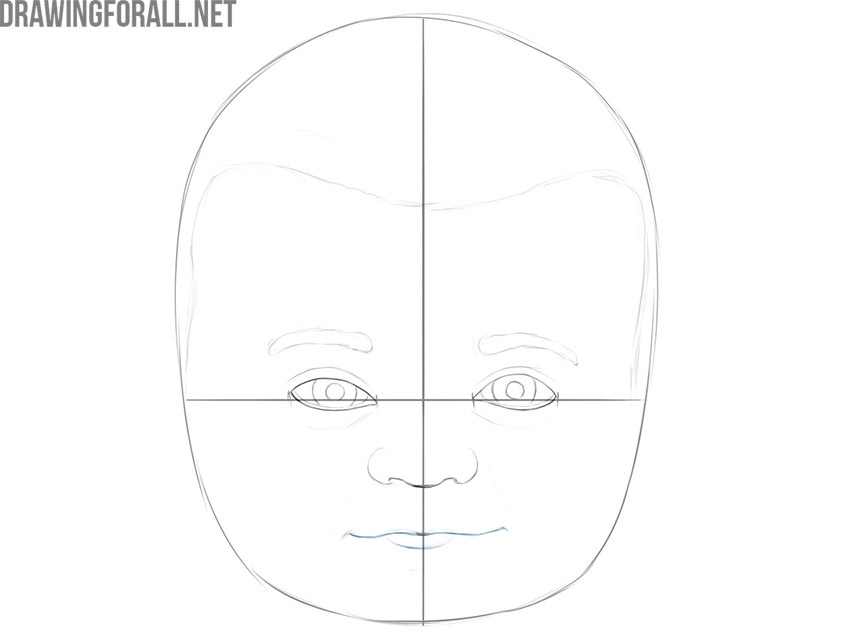 Drawing the baby’s small mouth with two curved lines