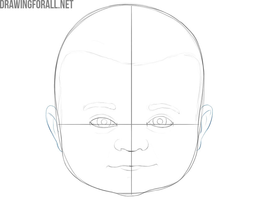 Drawing the baby’s rounded ears on both sides of the head