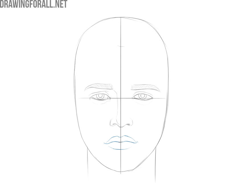 Outlining the boy’s closed lips with smooth curved lines