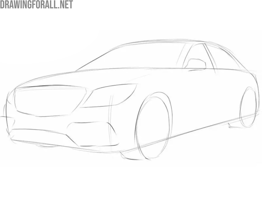 Sketch the bumper, wheels, and mirror