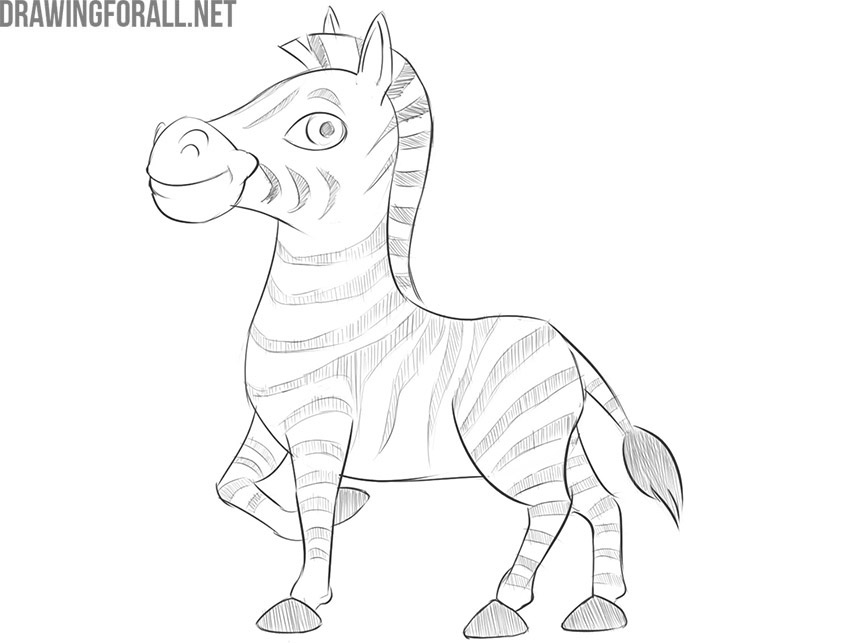 Finished cartoon zebra drawing with clean outlines and distinctive stripes