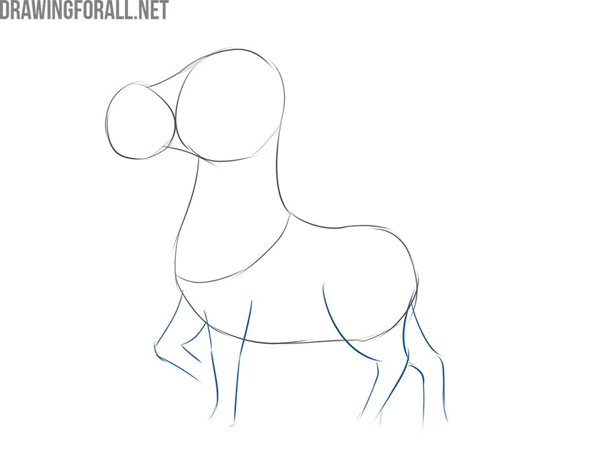 Drawing four slender legs beneath the cartoon zebra's body