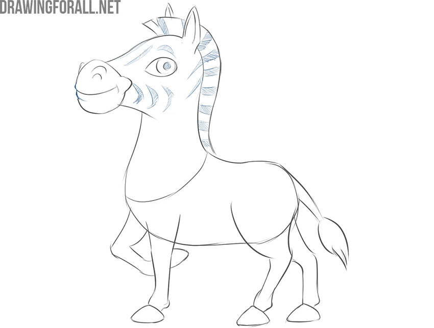 Drawing the cartoon zebra's facial and mane stripes