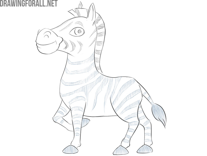 Completing the cartoon zebra's striped pattern across the body and legs
