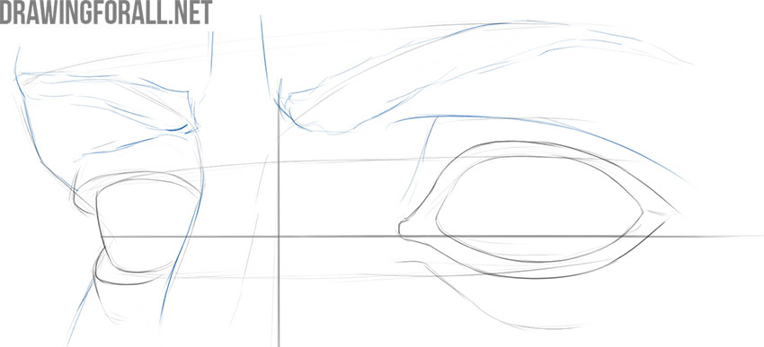 Sketch the eyelid folds and eyebrows