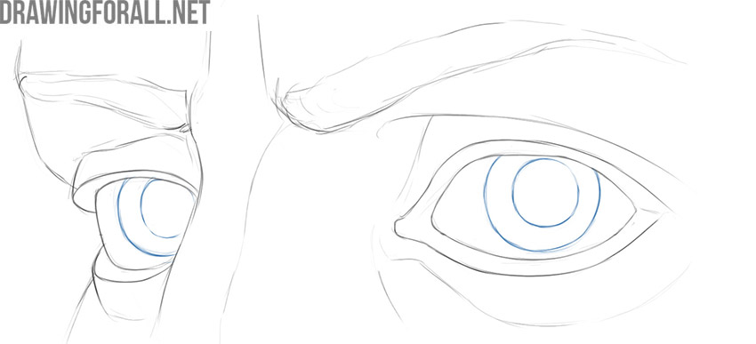 Draw the irises and pupils inside the eyes