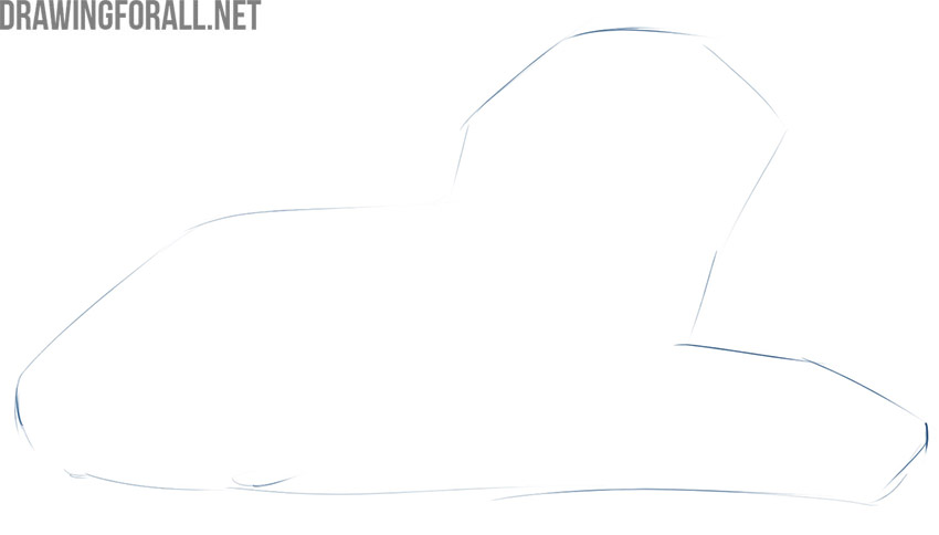 Sketching the basic outline of a lying dog with light construction lines.