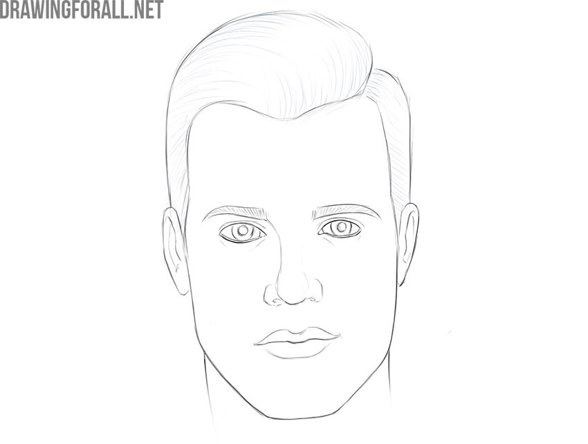 Refining the hairstyle and cleaning the male face drawing.