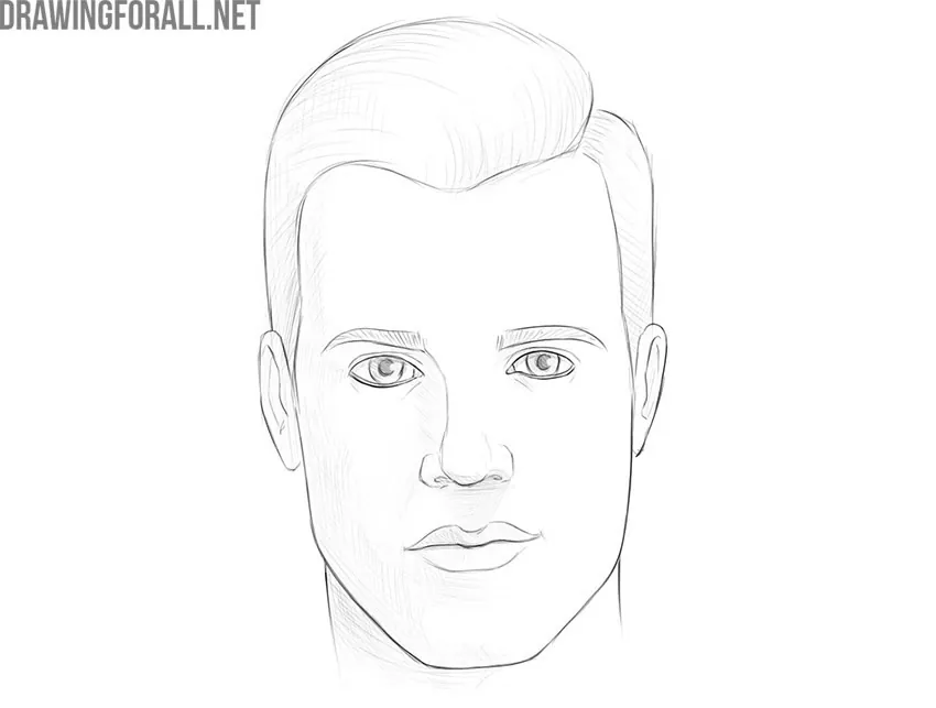Finished male face drawing with detailed facial features, hairstyle, and realistic shading.