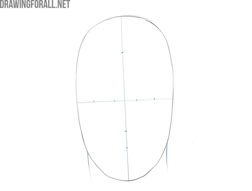 Marking facial guidelines across the male head with construction lines.