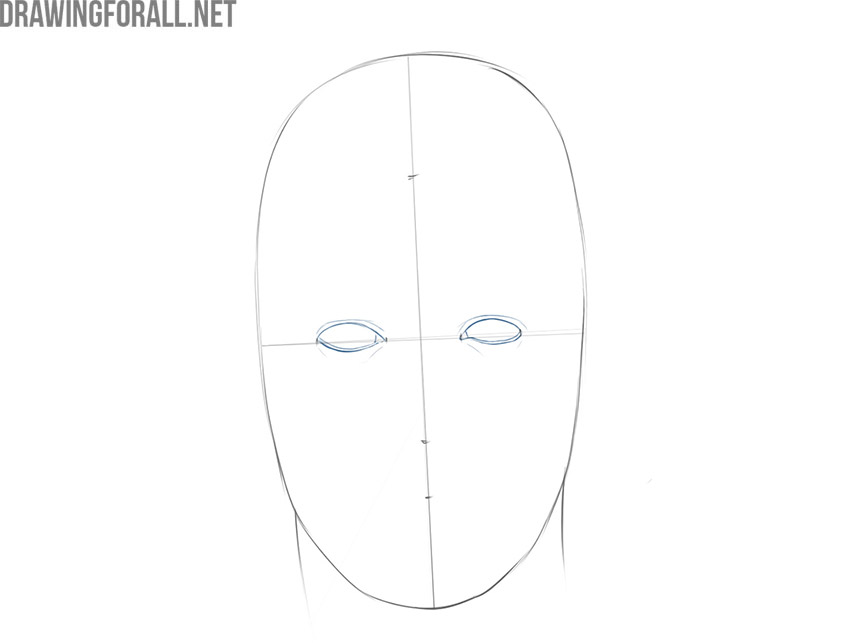 Drawing the male eyes with upper and lower eyelid outlines.