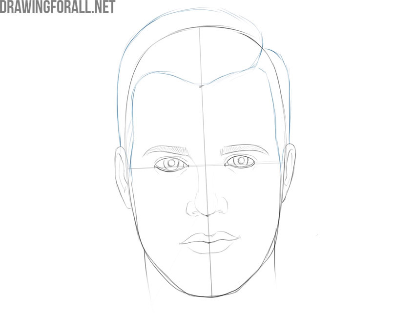 Sketching the hairstyle on the male face drawing.