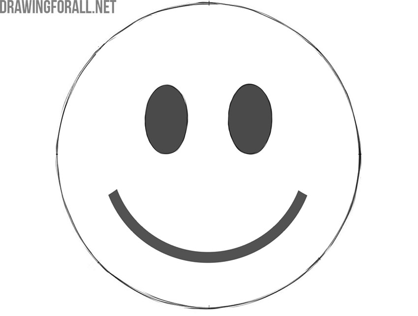 Finished smiley face drawing with black oval eyes and a curved smile