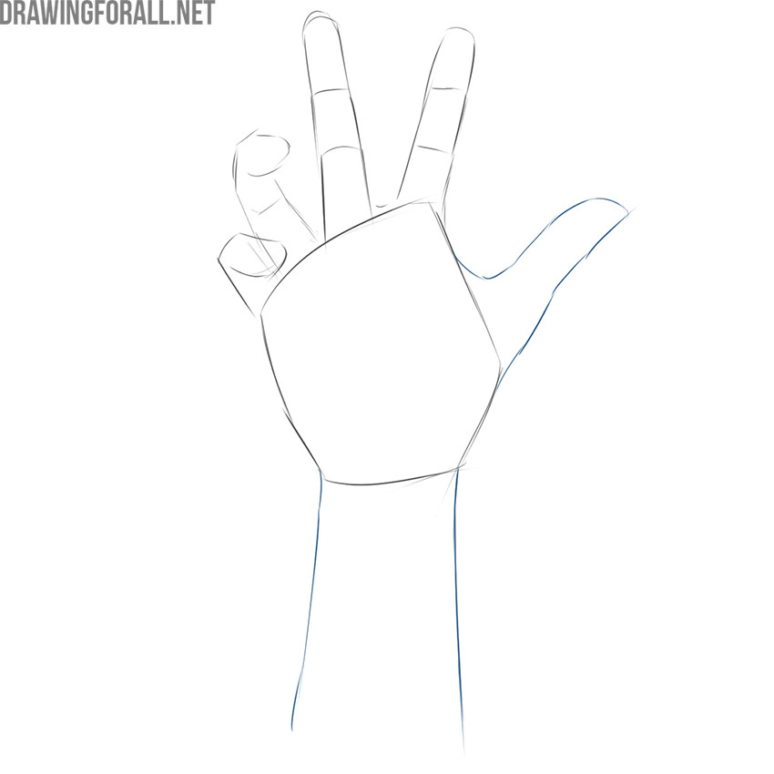 Sketching the zombie hand thumb and narrowing forearm