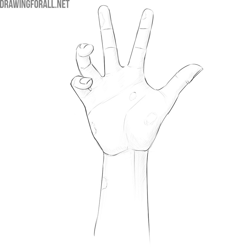 Finished zombie hand drawing with detailed anatomy, scratches, and realistic shading
