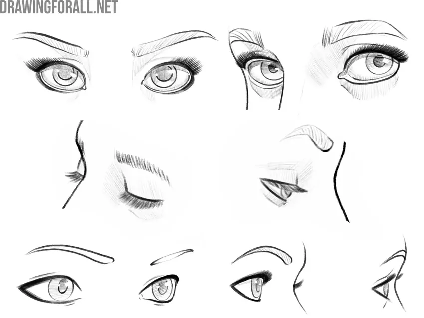 Female eyes drawn in different variations and from different angles