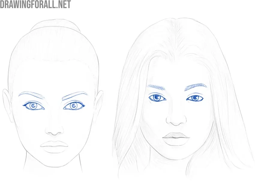 Female eyes drawn on faces with different features