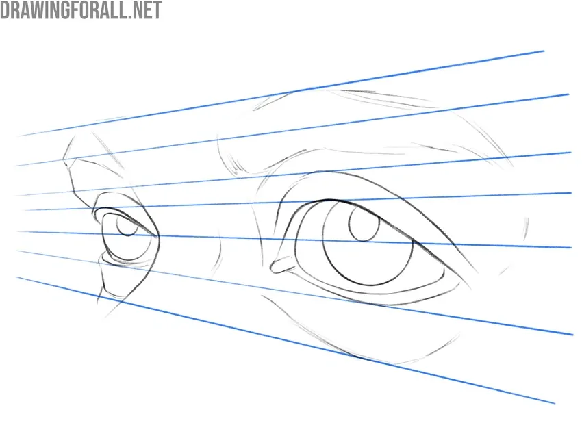 Eye drawing in 3/4 view with perspective lines