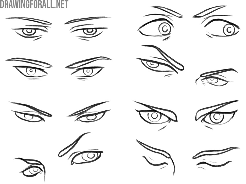 Drawing of different variations of anime boy eyes