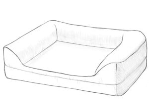 Finished dog bed drawing with padded sides, a cushioned base, and realistic fabric folds